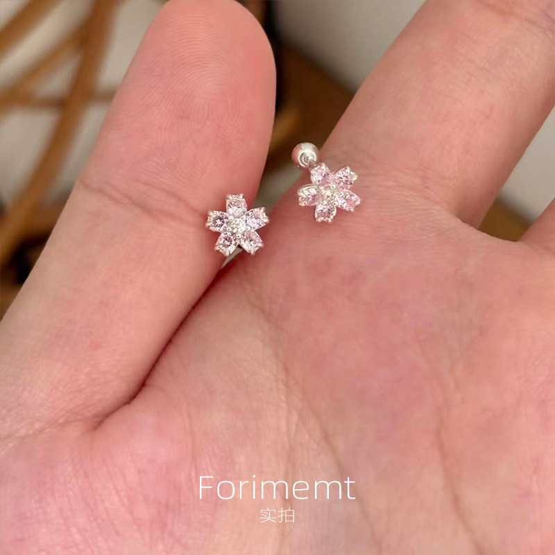 S999纯银樱花粉锆石花朵耳钉女养耳洞2026新款韩版小众设计感耳饰
