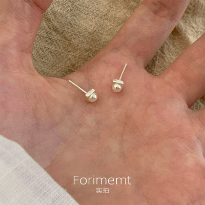 S999纯银mini小方块淡水珍珠耳钉简约养耳洞小众气质睡觉免摘耳饰