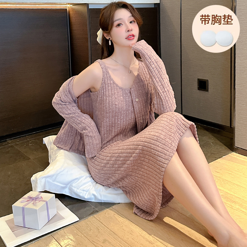 春秋季新款长袖性感中长款吊带裙居家休闲带胸垫连衣裙两件套装女