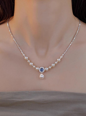 s925纯银天然海蓝宝碎银项链女强光正圆仿施家珍珠小众轻奢锁骨链