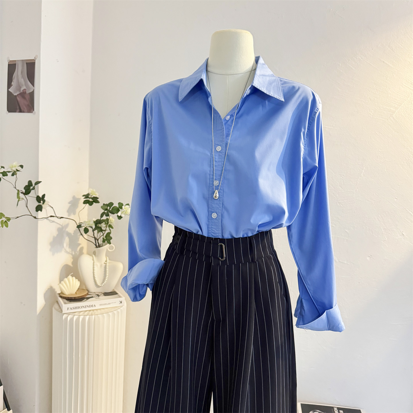 宽松休闲气质通勤蓝色长袖衬衫女