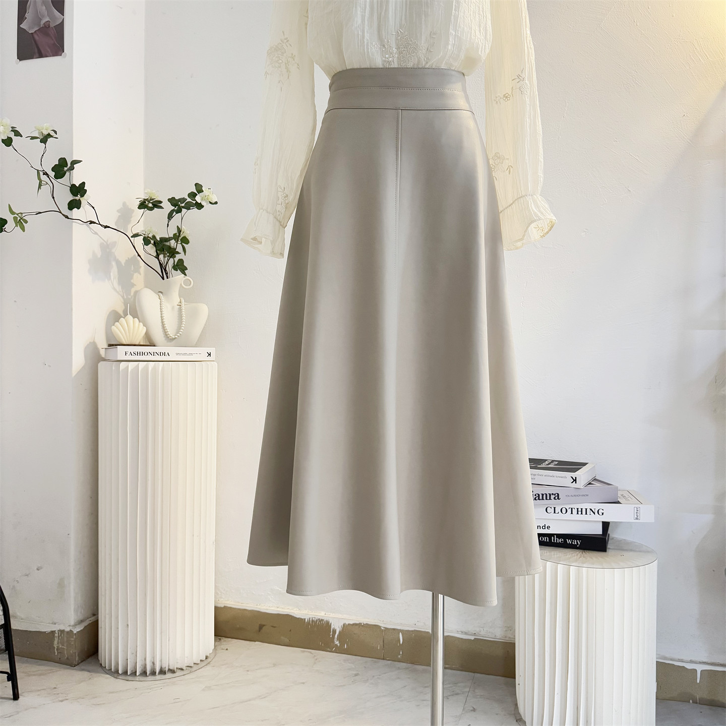 中长款高腰A字大摆半身裙PU皮裙