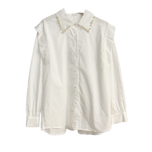 白色钉珠POLO翻领长袖衬衫女2025春季新款设计感小众上衣气质衬衣