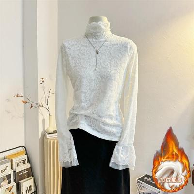 高领蕾丝衫修身气质加绒加厚打底