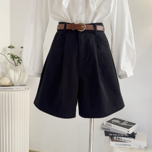 通勤休闲五分中裤 黑色工装 宽松高腰A字阔腿裤 女2026春夏韩版 短裤