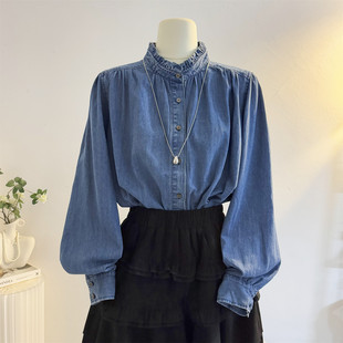 花边立领牛仔衬衫女2025秋冬设计感宽松灯笼长袖衬衣复古叠穿上衣