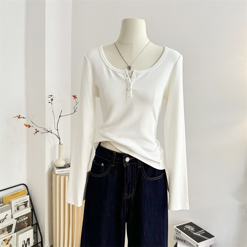 美式半开U领长袖T恤女秋冬纽扣设计感弹力修身纯色正肩打底衫上衣