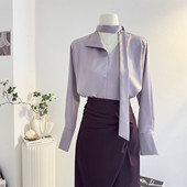 紫色法式 设计感气质通勤垂感衬衣 2025秋季 V领飘带缎面衬衫 女长袖