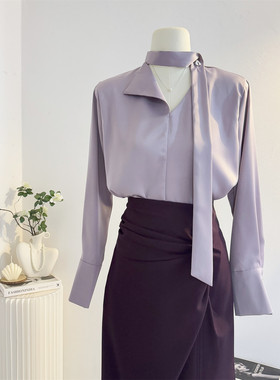 紫色法式V领飘带缎面衬衫女长袖2025秋季设计感气质通勤垂感衬衣