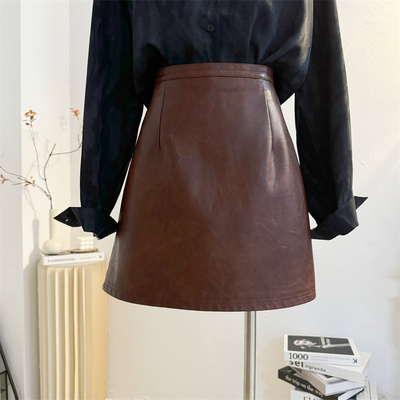 短裙皮裙复古A字安哥拉红半身裙