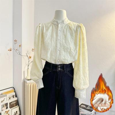 法式长袖钉珠衬衫加绒加厚立领