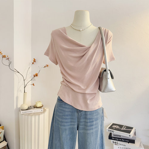 韩系不规则褶皱荡领短袖T恤女