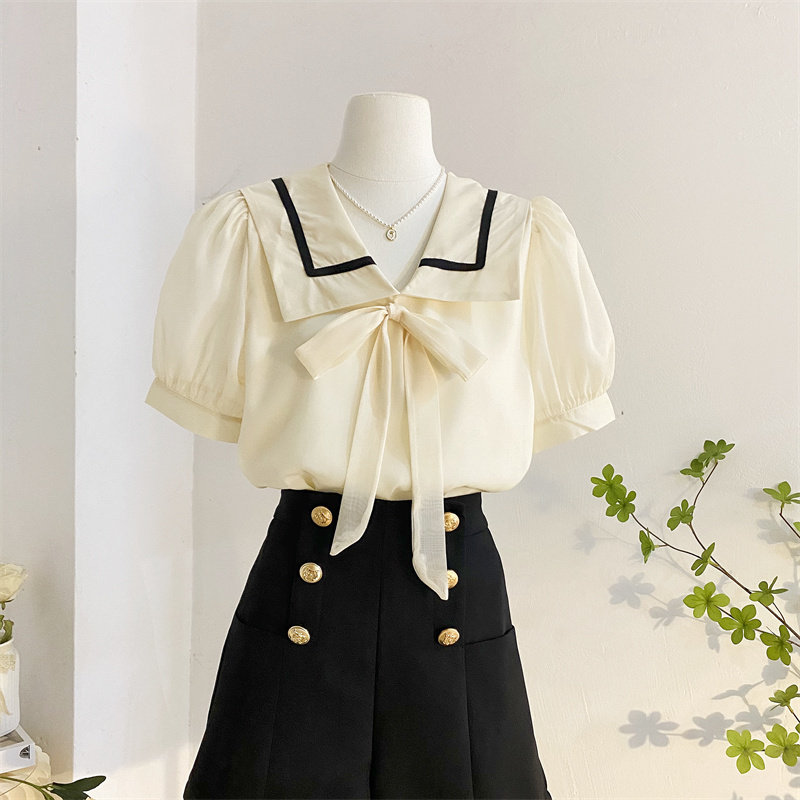 海军领泡泡袖雪纺衫减龄系带蝴蝶结短袖衬衫女夏套头气质小衫上衣
