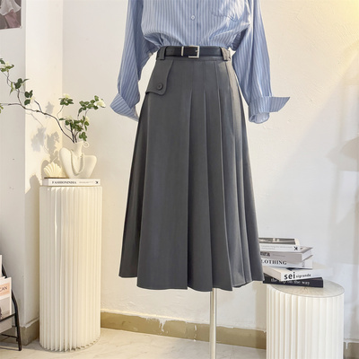 中长款高腰A字西装百褶半身裙女