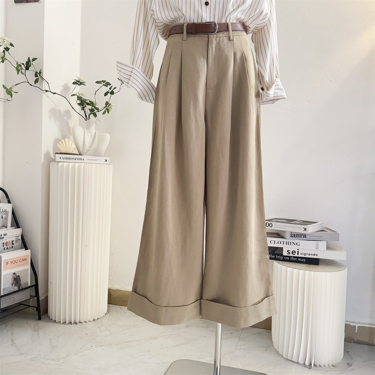 韩系卷边工装阔腿裤九分休闲裤女2026春夏季高腰直筒宽松腰带裤子,女装/女士精品,休闲裤,淘宝优惠券,粉丝福利购,淘宝优惠卷