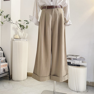 韩系卷边工装阔腿裤九分休闲裤女2026春夏季高腰直筒宽松腰带裤子