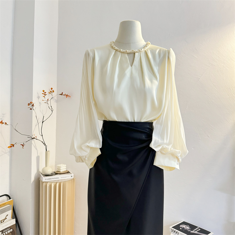 法式套头长袖缎面镂空衬衫灯笼袖