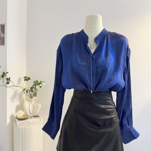 法式高级感蓝色小立领长袖衬衫女