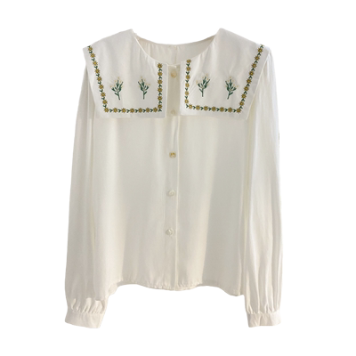 宽松甜美排扣长袖刺绣娃娃领衬衫