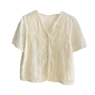 法式气质花边V领短袖衬衫女2025夏短款温柔减龄韩系刺绣小衫上衣