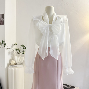 温柔风减龄荷叶边雪纺小衫 法式 女2026春季 衬衫 上衣 系带蝴蝶结长袖