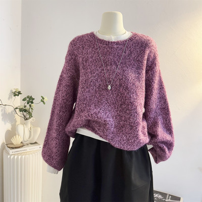 韩系宽松慵懒花纱圆领套头毛衣女