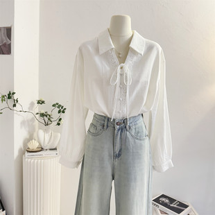 女2026春季 衬衫 设计感减龄复古气质衬衣 系带花边V领白色长袖 法式