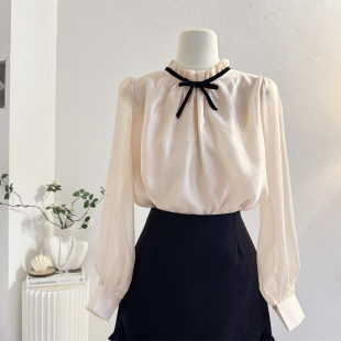 木耳立领长袖 雪纺衫 衬衫 复古减龄蝴蝶结泡泡袖 上衣 女2026春季 法式