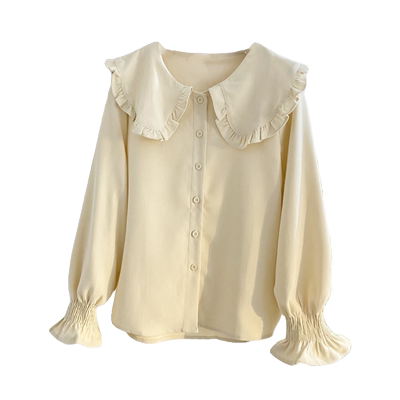 宽松甜美长袖磨毛花边娃娃领衬衫