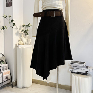 不规则开叉鹿皮绒半身裙女2025秋冬中长设计感小众复古宽腰带裙子