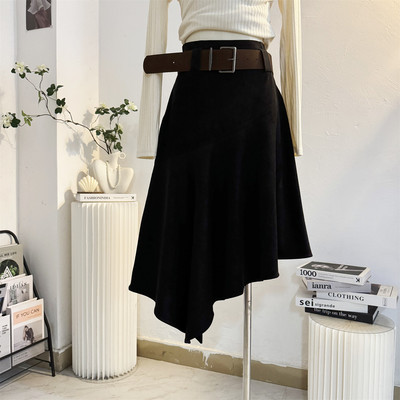 中长款不规则高腰A字开叉半身裙