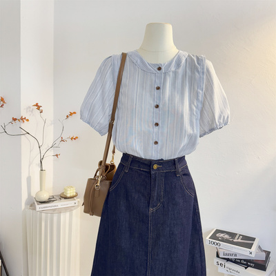 宽松法式圆领泡泡短袖条纹衬衫女