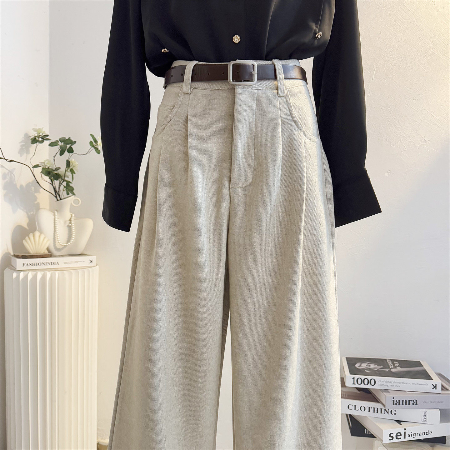 杏色毛呢西装阔腿裤女2025秋冬加厚高腰直筒宽松窄版拖地休闲裤子,女装/女士精品,休闲裤,淘宝优惠券,粉丝福利购,淘宝优惠卷