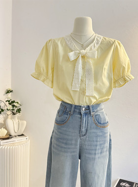 花边飘带黄色条纹短袖衬衫女2025夏减龄蝴蝶结泡泡袖法式小衫上衣