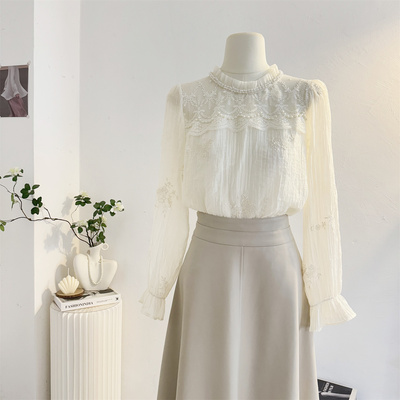 法式立领蕾丝花边刺绣长袖衬衫女
