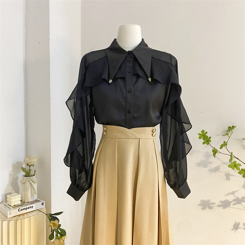 高级感气质黑色醋酸缎面衬衫女设计感小众雪纺拼接荷叶边长袖上衣