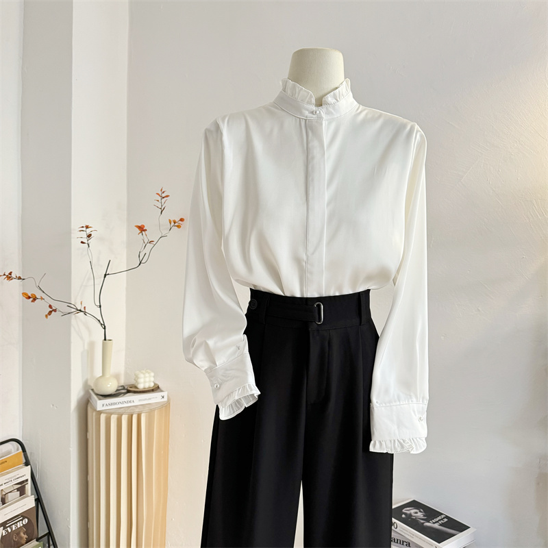 气质长袖缎面垂感衬衫女木耳立领