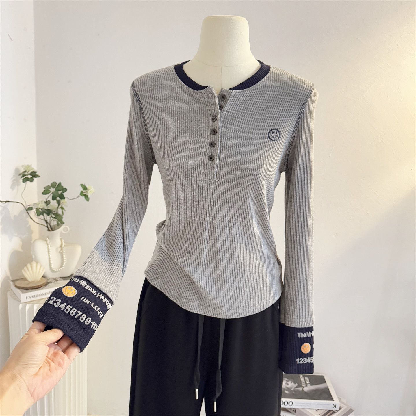 复古撞色假两件长袖T恤打底衫女