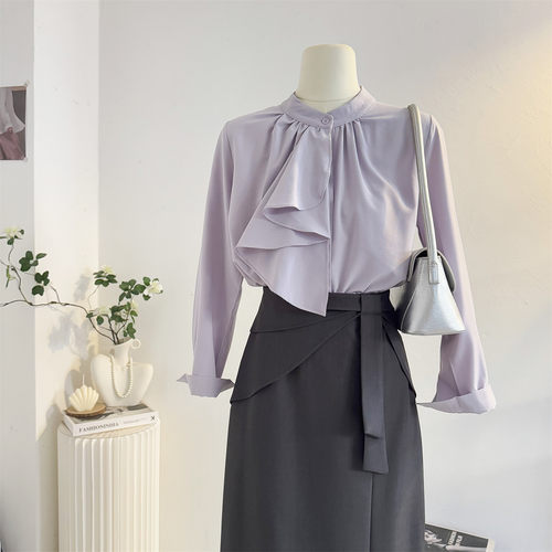 紫色法式气质立领飘带长袖衬衫女