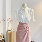 2025夏季 女短袖 气质通勤飘带衬衣韩系上衣 翻领蝴蝶结缎面衬衫 法式