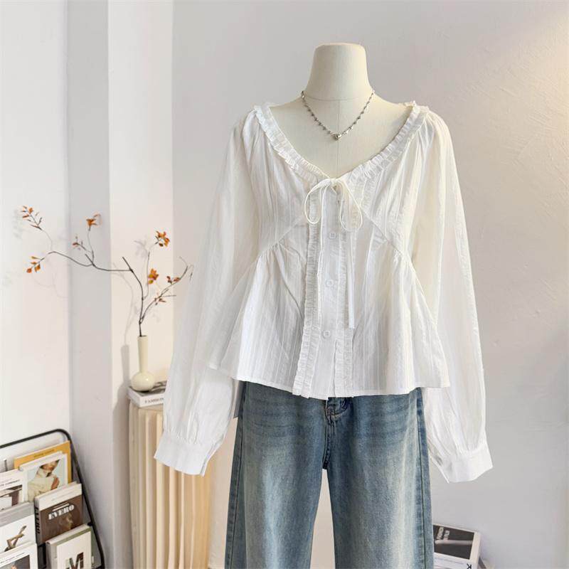 系带法式花边V领长袖衬衫女2025春季设计感宽松短款洋气小衫上衣,女装/女士精品,衬衫,淘宝优惠券,粉丝福利购,淘宝优惠卷