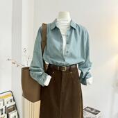 复古水洗浅蓝色正肩牛仔衬衫 秋冬宽松内搭叠穿衬衣港风上衣 女长袖