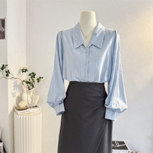 设计感简约气质通勤衬衣职业正装 蓝色法式 女2025秋季 衬衫 翻领长袖