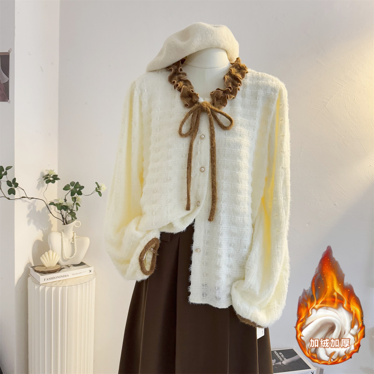 加绒加厚木耳边V领蕾丝长袖衬衫