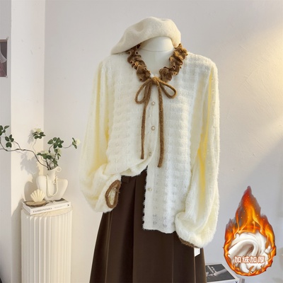 加绒加厚木耳边V领蕾丝长袖衬衫