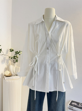 法式气质系带收腰白色长袖衬衫女2025秋季设计感通勤衬衣韩系上衣