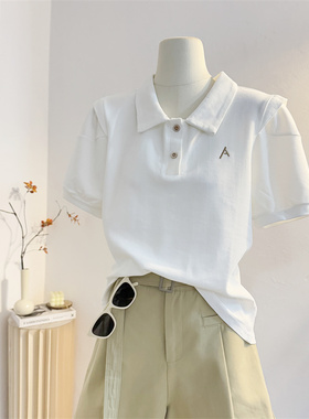 白色POLO领短袖T恤女2025夏新款宽松百搭字母刺绣翻领泡泡袖上衣