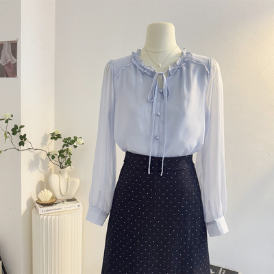 法式系带木耳边圆领雪纺长袖衬衫