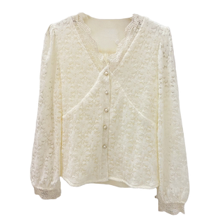 法式V领蕾丝衫加绒加厚灯笼袖衬衫女秋冬气质内搭打底衫洋气小衫
