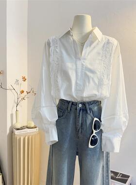 花边拼接法式半开V领白色长袖衬衫女2025春宽松休闲通勤气质上衣